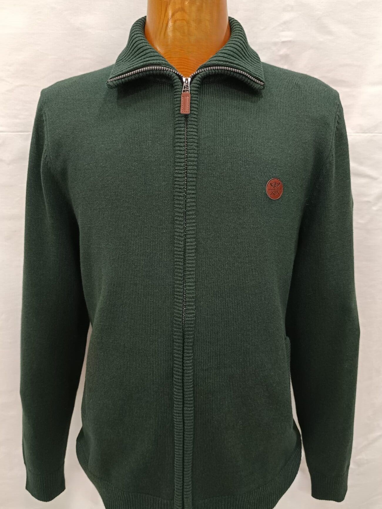Cárdigan algodón grueso con cremallera y cuello polo verde hombre