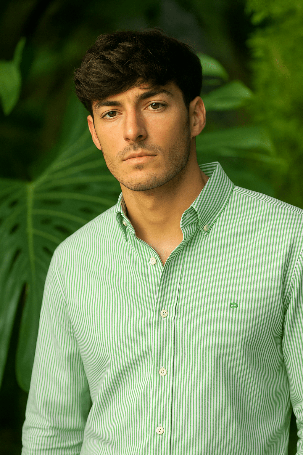 Camisa oxford de rayas verde100% algodón hombre