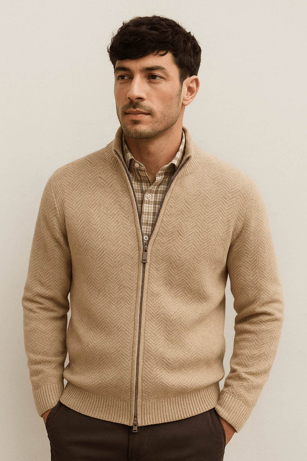 Cárdigan de algodón cuello alto y cremallera beige hombre