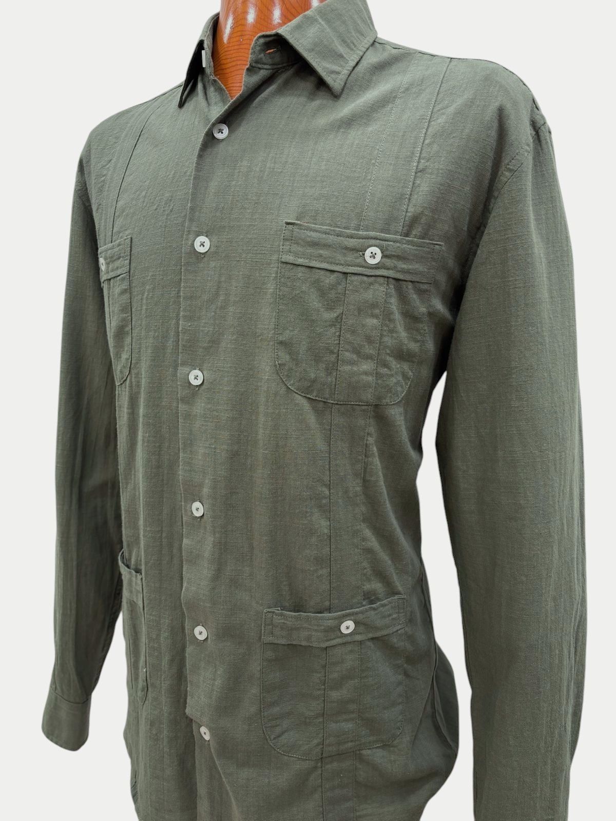 Camisa guayabera de algodón/lino verde hombre - Imagen 4