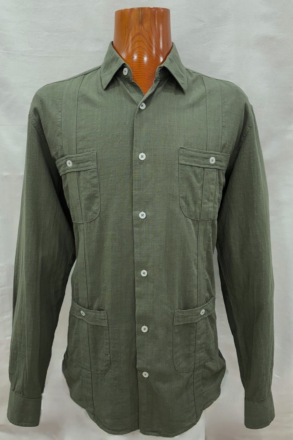 Camisa guayabera de algodón/lino verde hombre
