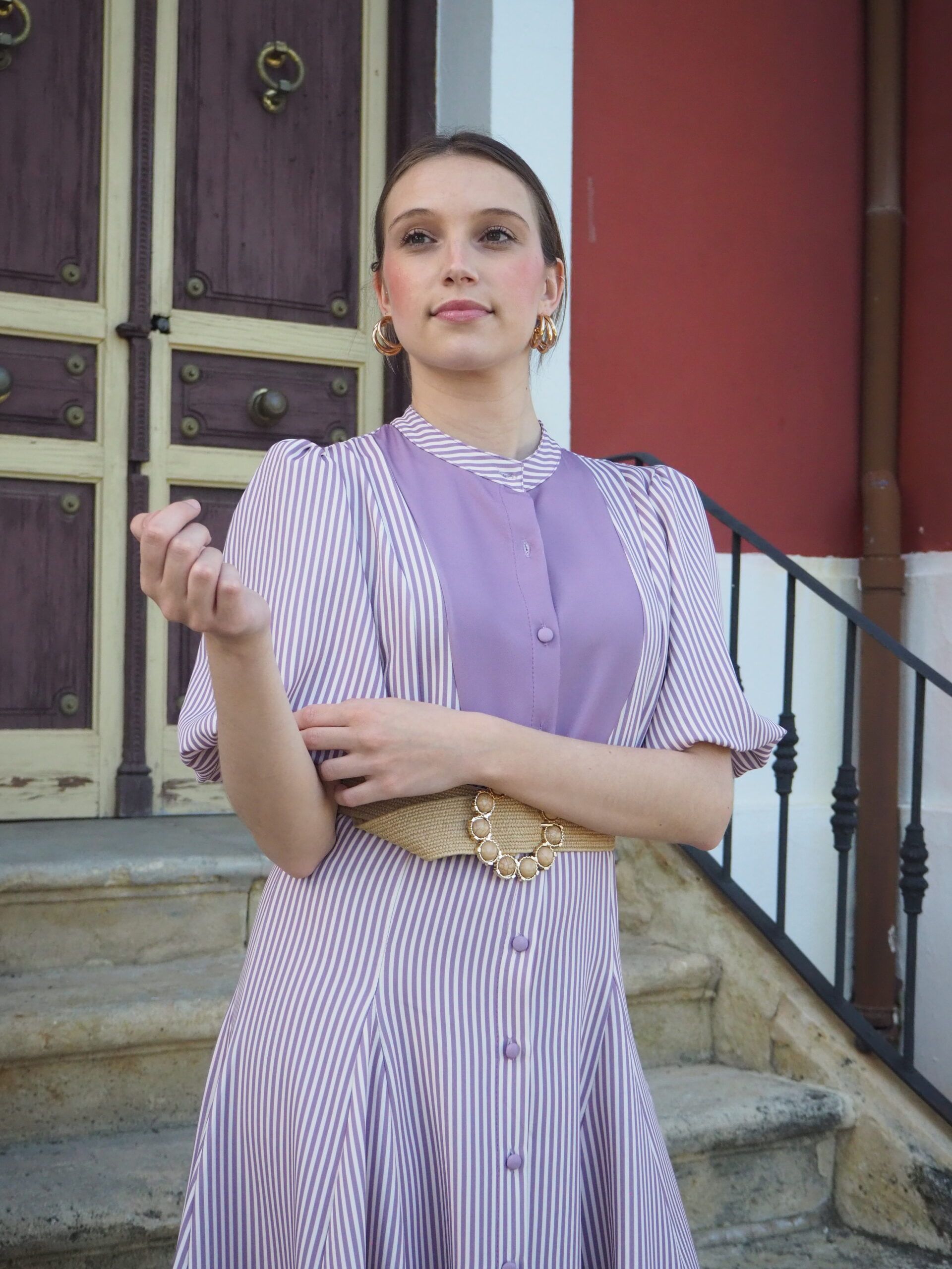 Vestido de rayas midi con pechera y falda vuelo mujer - Imagen 6