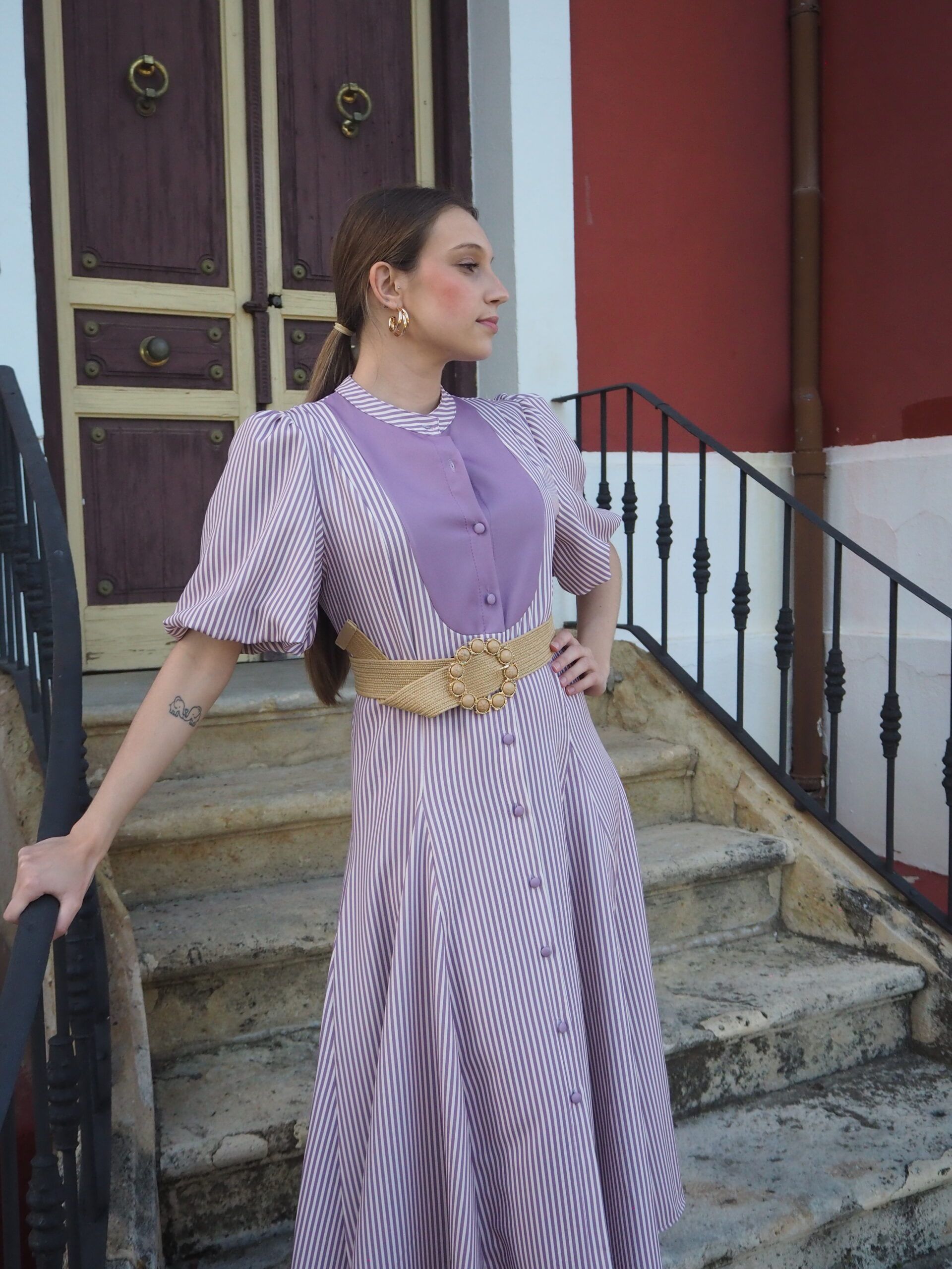 Vestido de rayas midi con pechera y falda vuelo mujer - Imagen 3