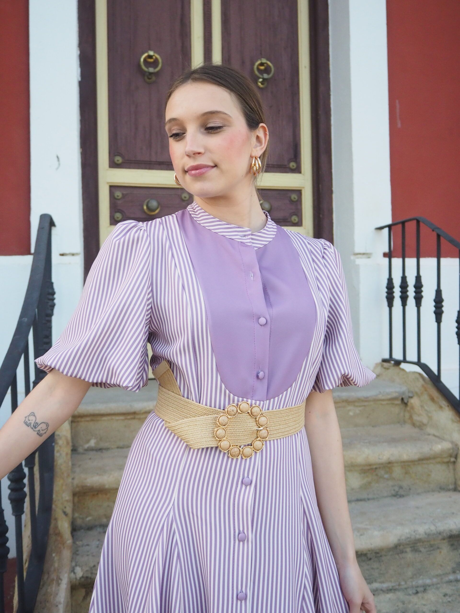 Vestido de rayas midi con pechera y falda vuelo mujer - Imagen 2
