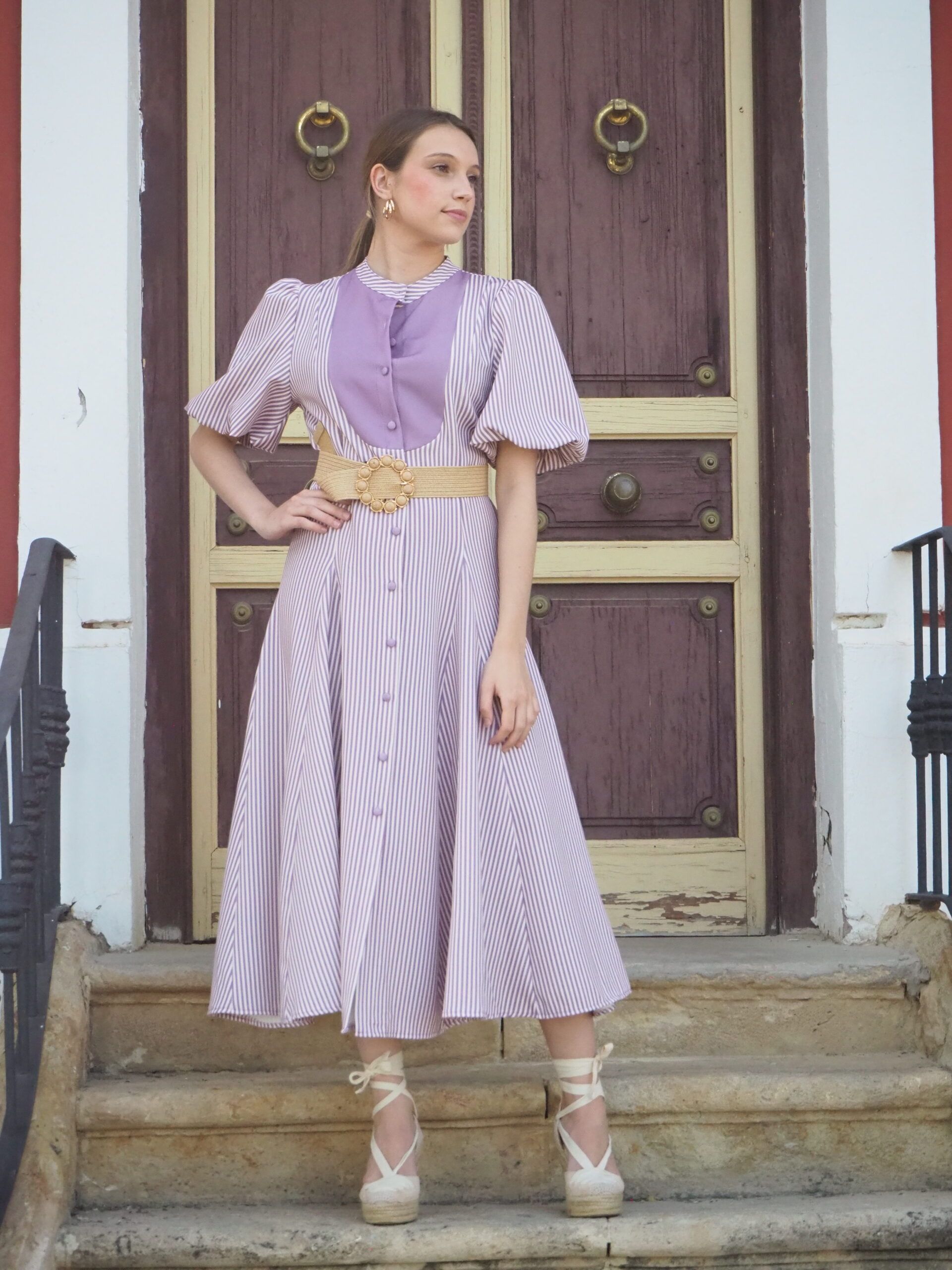 Vestido de rayas midi con pechera y falda vuelo mujer - Imagen 5