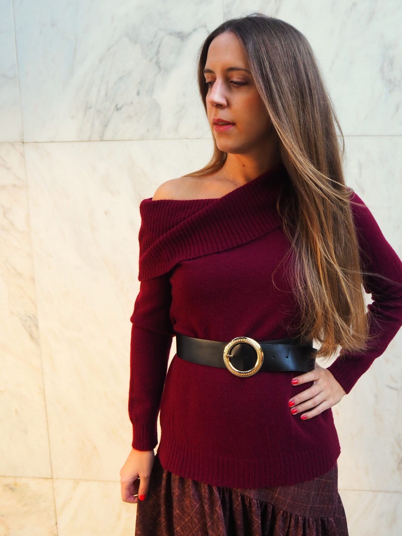 Jersey de escote bardot de punto calentito mujer