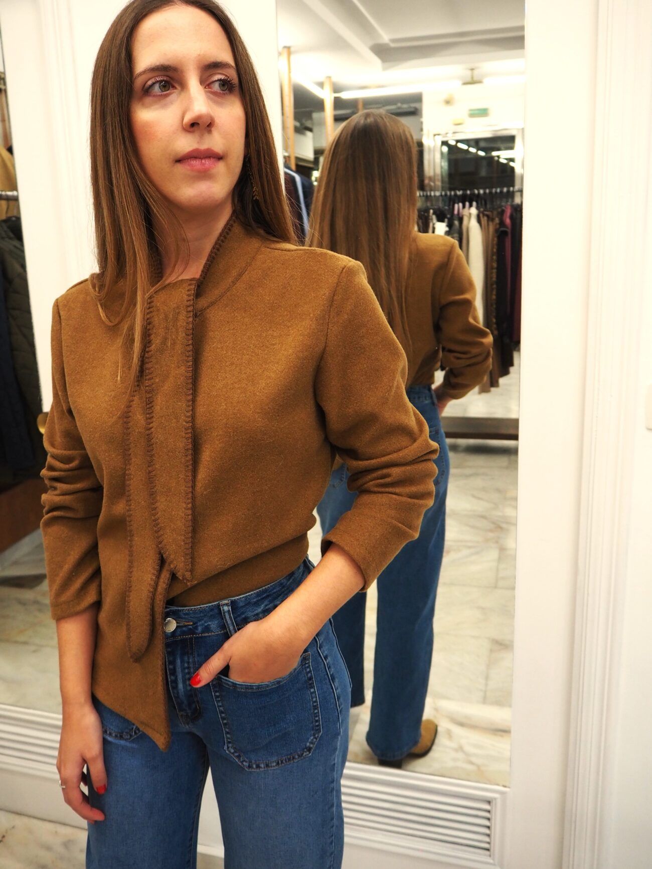 Camisa de franela abotonada con lazada mujer