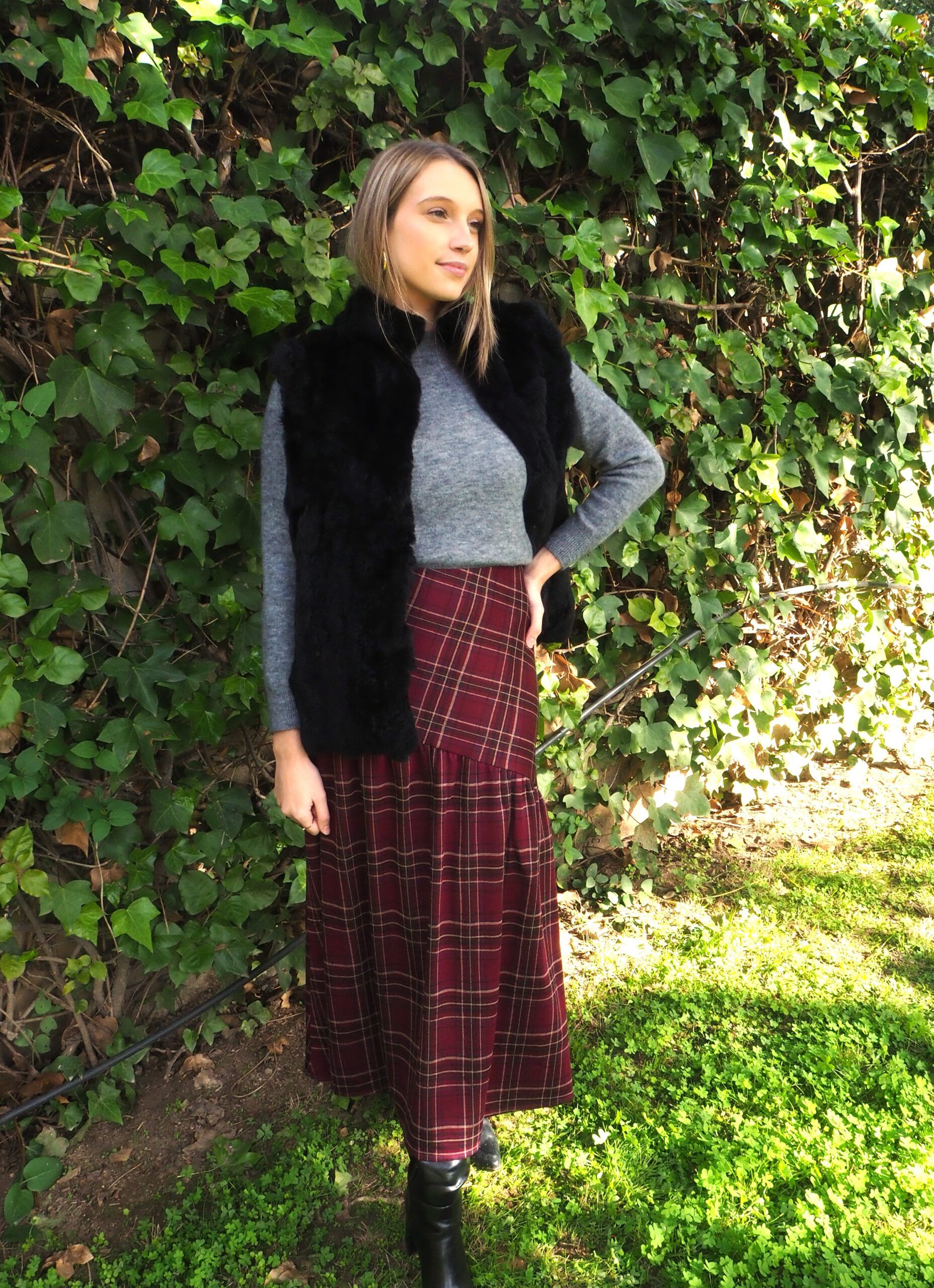 Falda midi cuadro escoces corte cadera mujer - Imagen 3