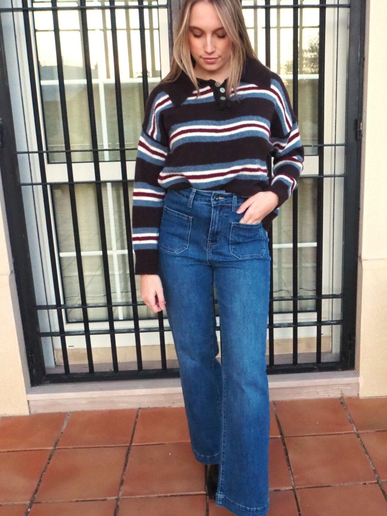 Jersey polo abotonado de rayas mujer