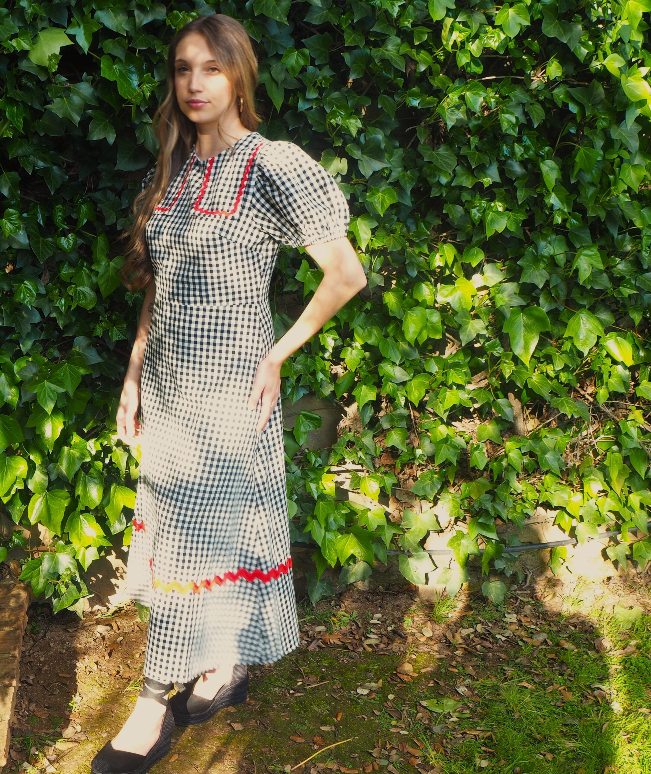 Vestido midi estampado vichy cuello bebé y manga farol mujer - Imagen 6