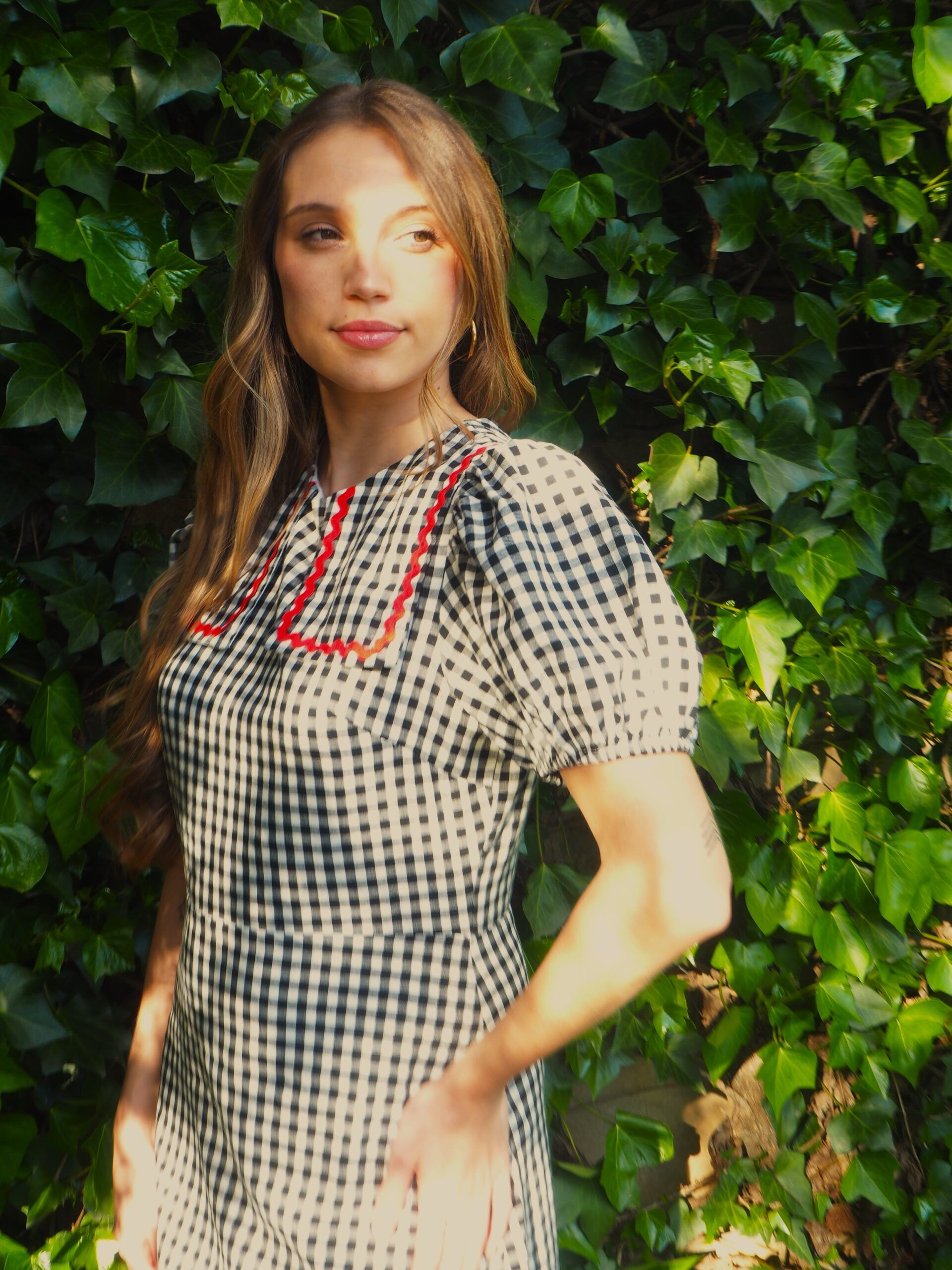 Vestido midi estampado vichy cuello bebé y manga farol mujer - Imagen 8