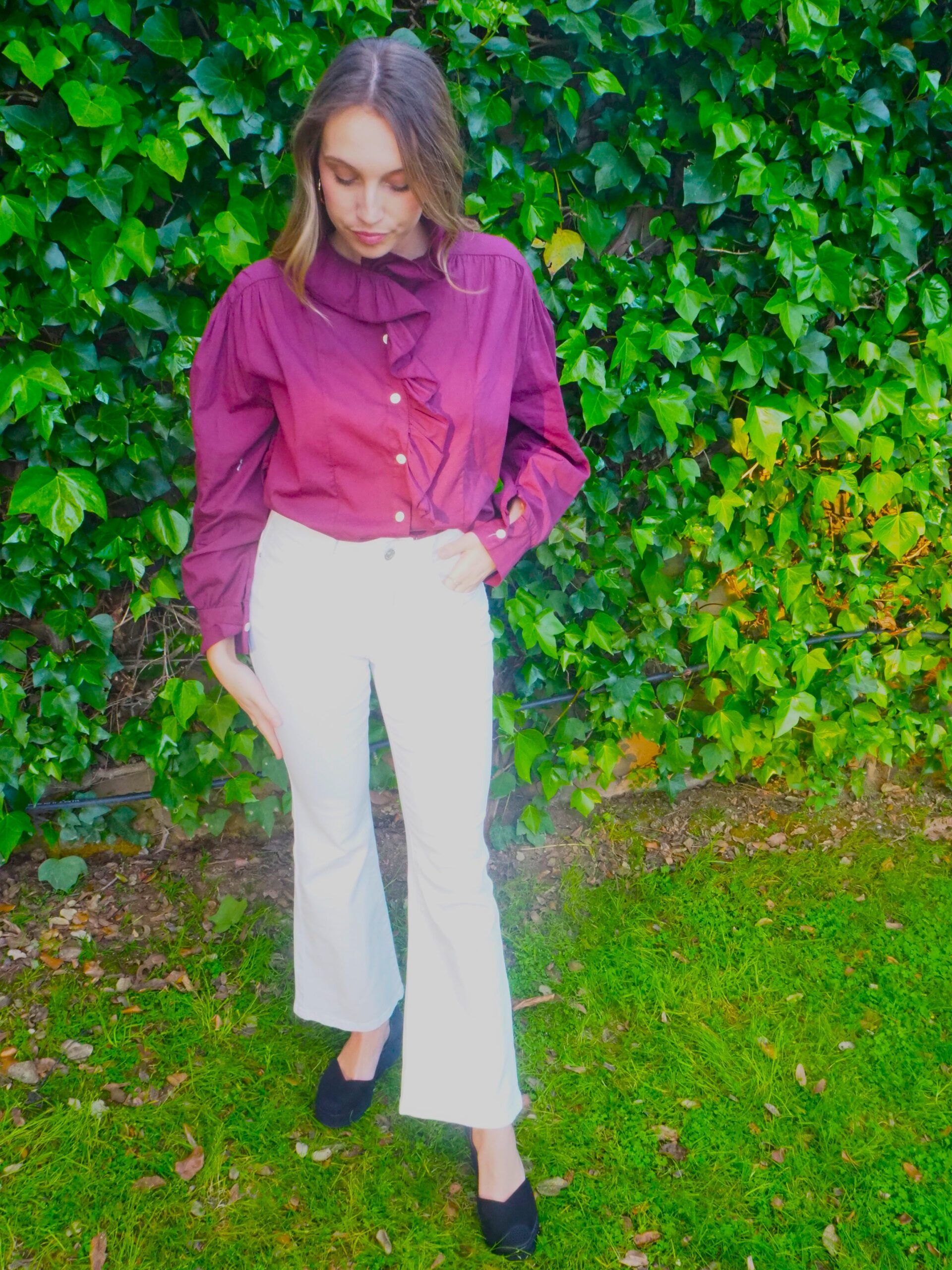 Blusa algodón granate cuello alzado mujer - Imagen 2