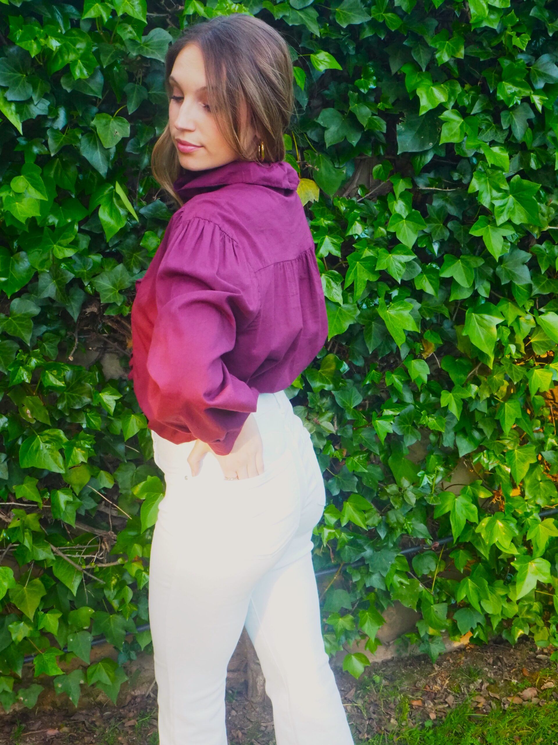 Blusa algodón granate cuello alzado mujer - Imagen 3