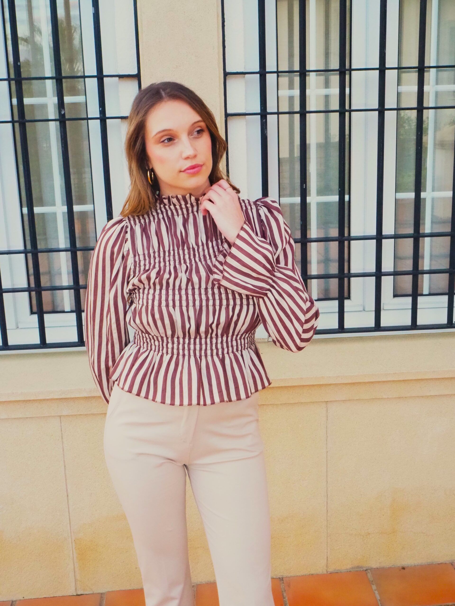 Blusa de rayas efecto nido de abeja elástico mujer - Imagen 3