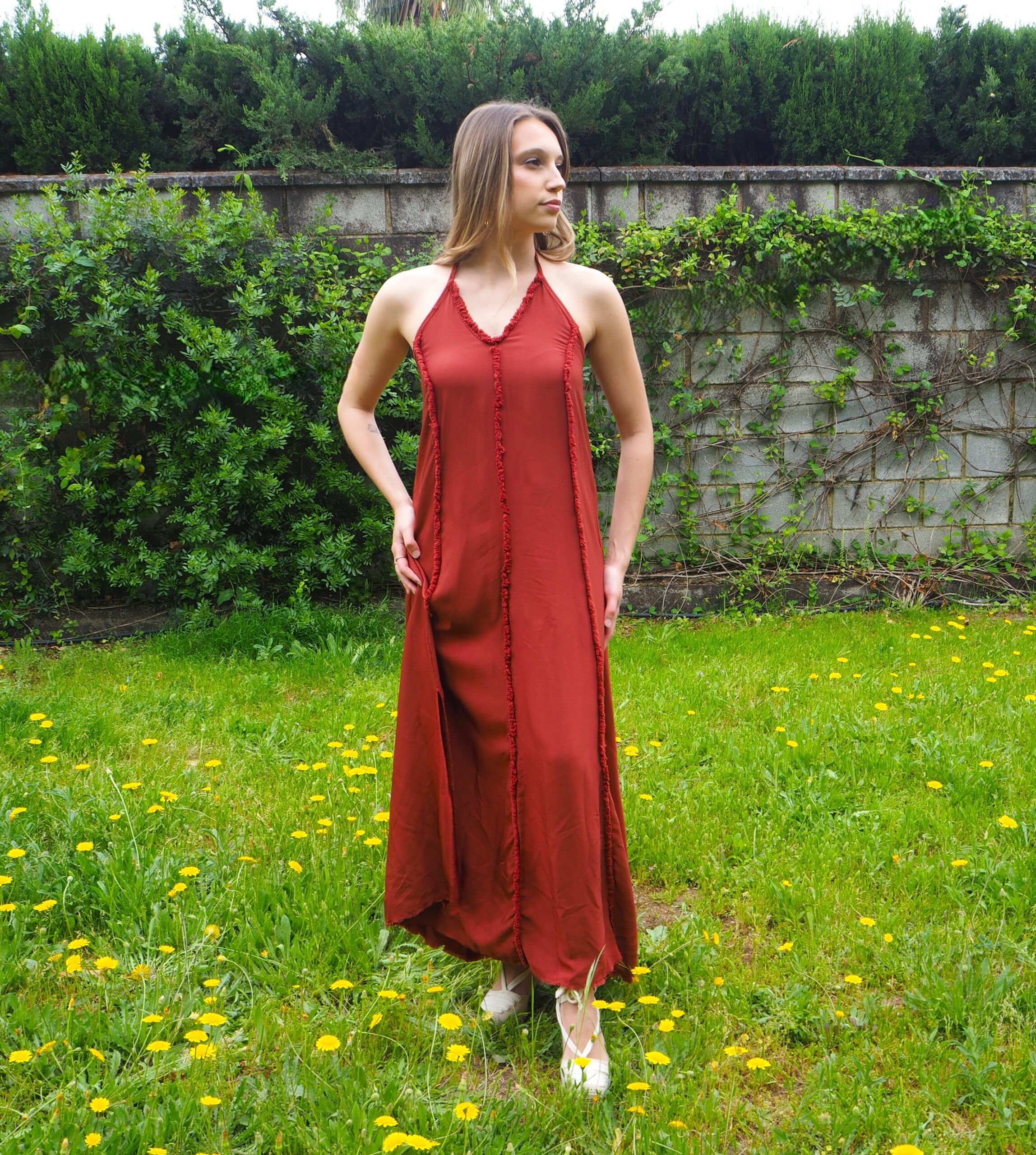 Vestido midi cuello halter atado y espalda descubierta teja - Imagen 6