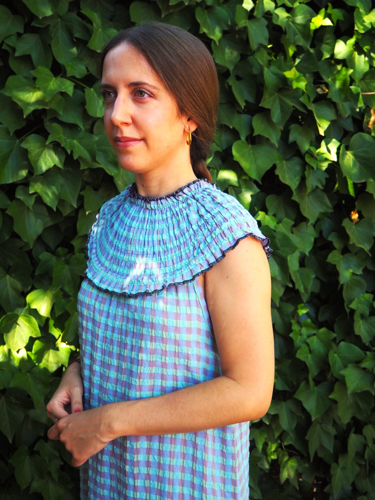 Vestido largo vichy de algodón con pechera elástica azul