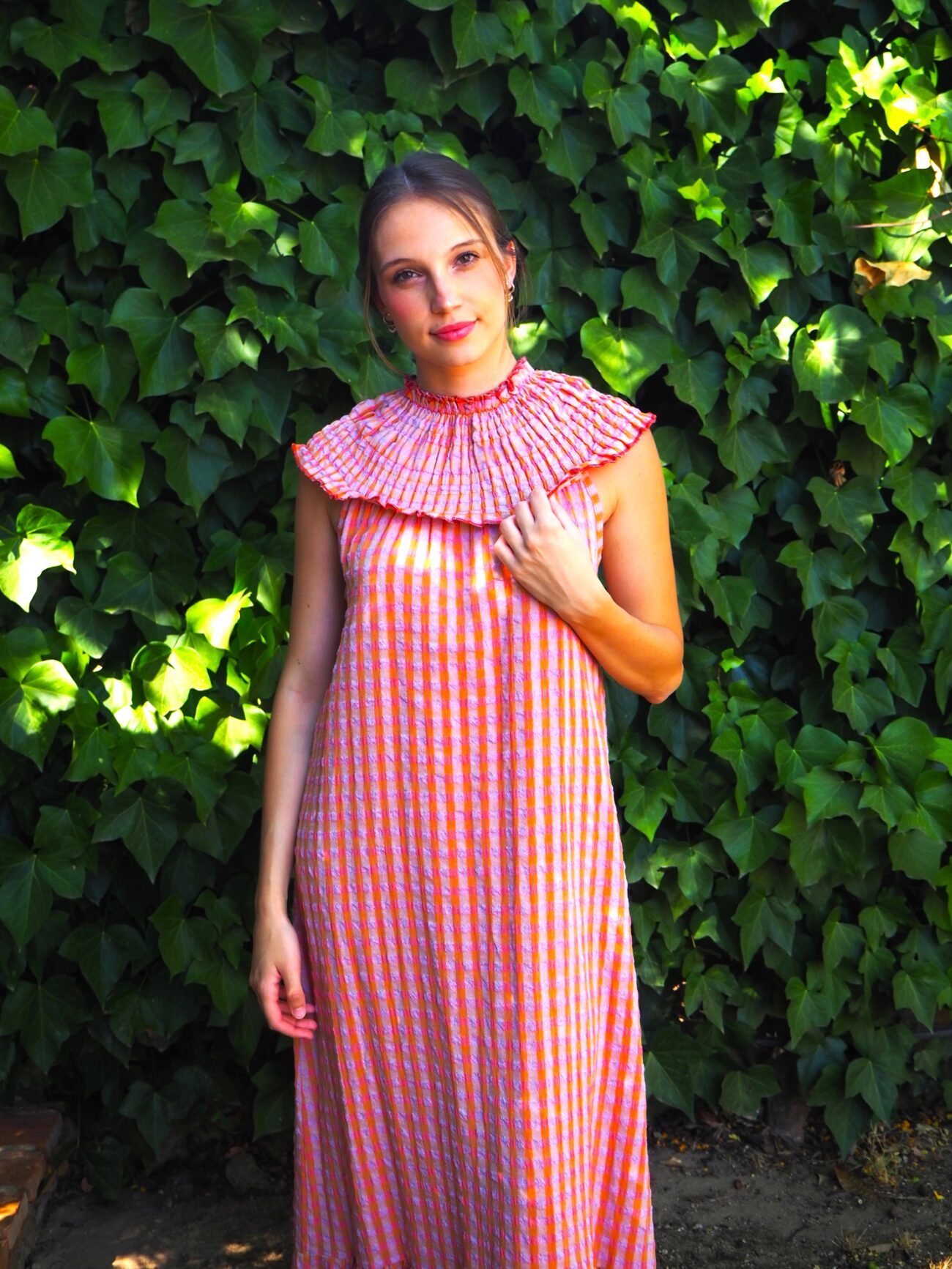 Vestido largo vichy de algodón con pechera elástica naranja