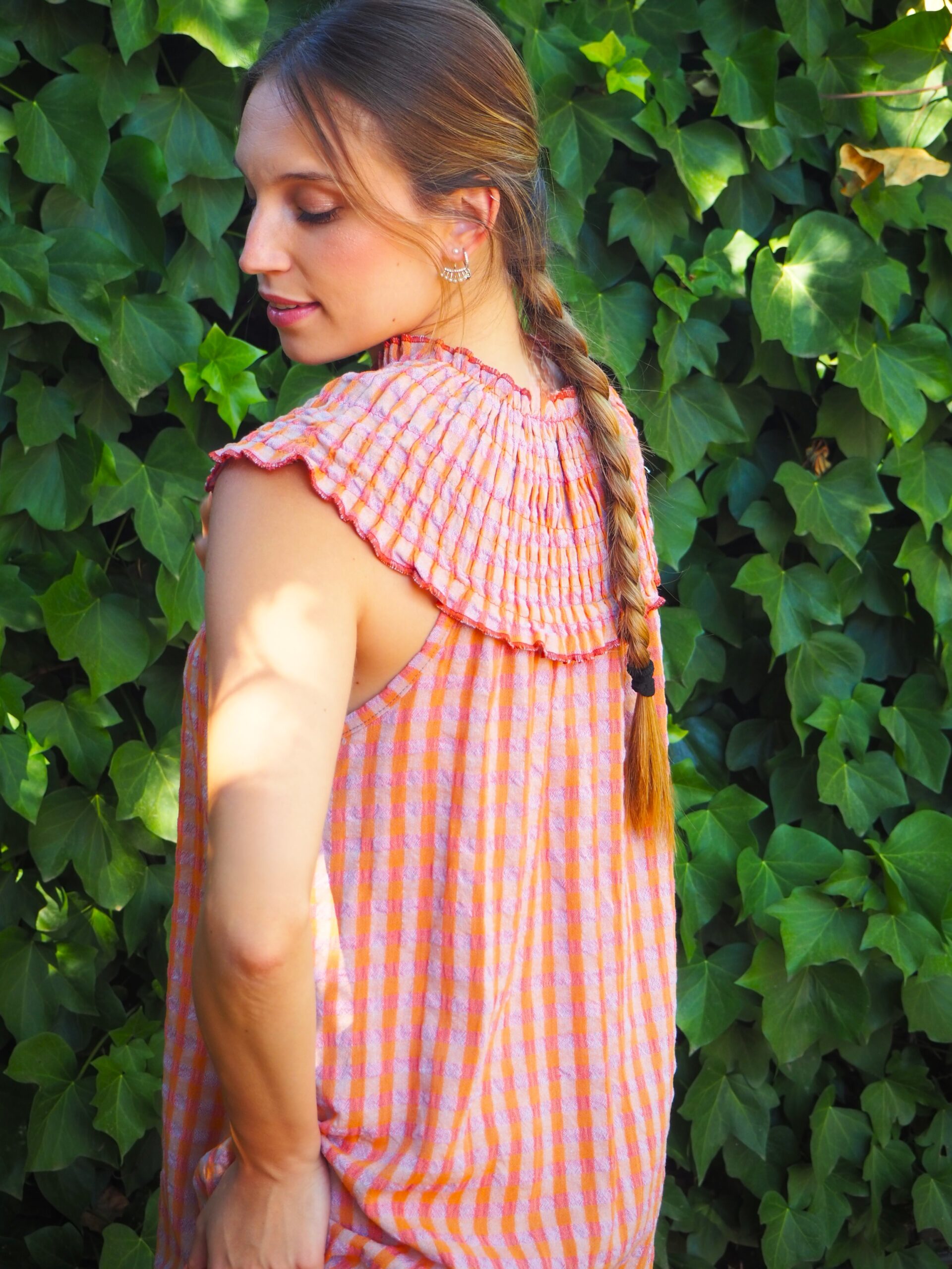 Vestido largo vichy de algodón con pechera elástica naranja - Imagen 3