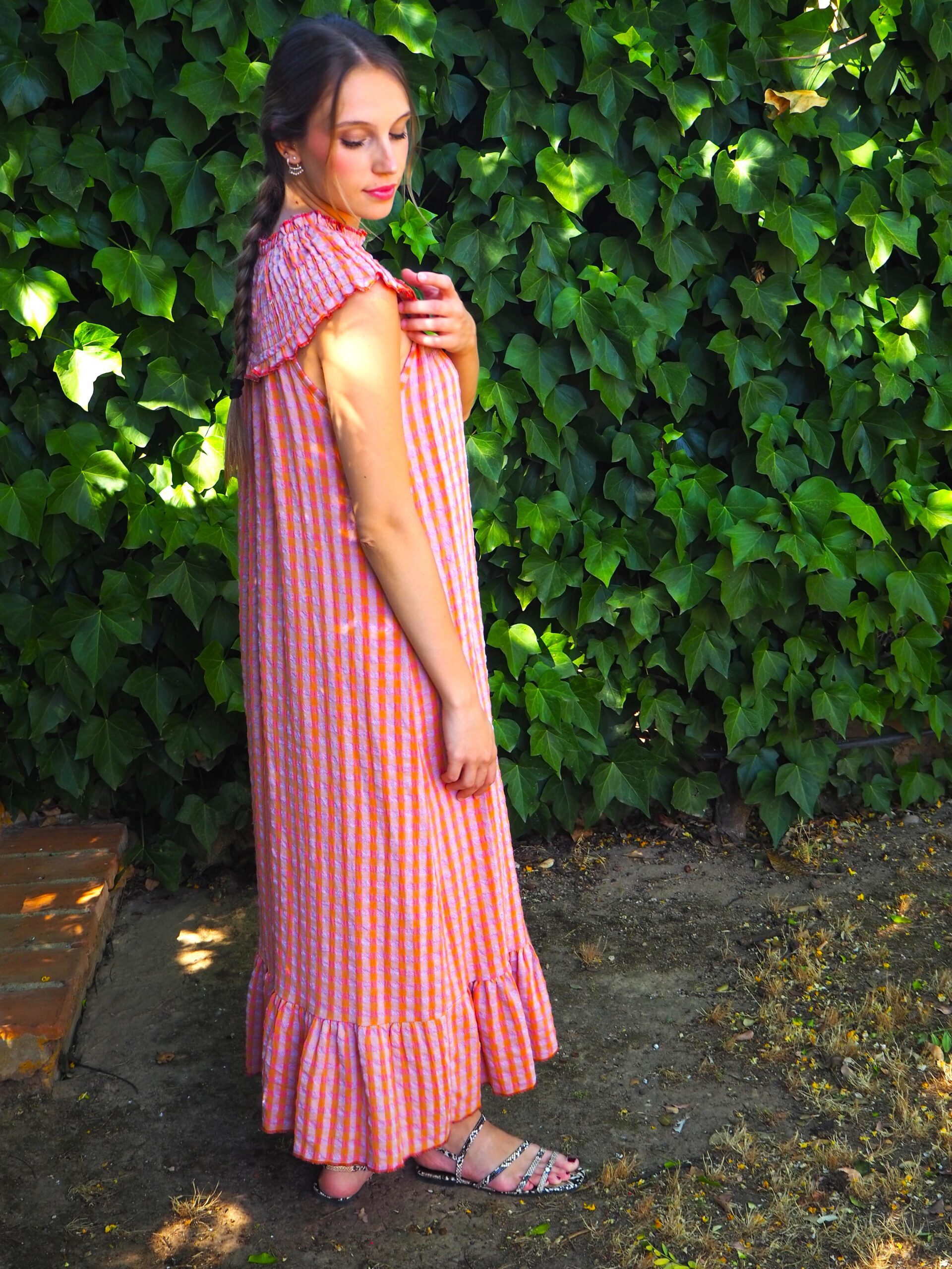 Vestido largo vichy de algodón con pechera elástica naranja - Imagen 2
