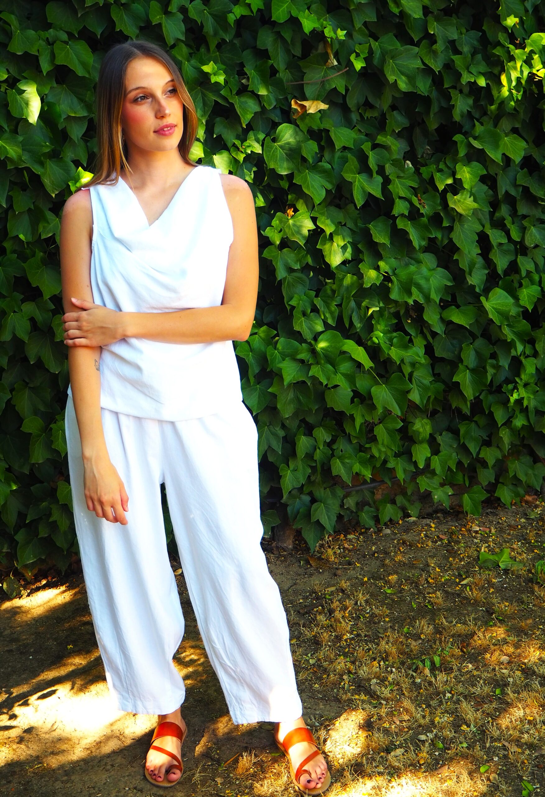 Pantalón de lino baggy con cintura elástica blanco - Imagen 5