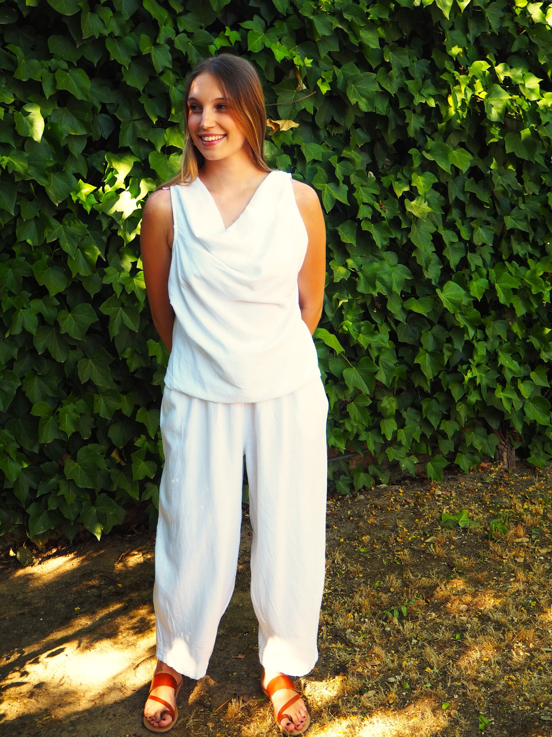 Pantalón de lino baggy con cintura elástica blanco