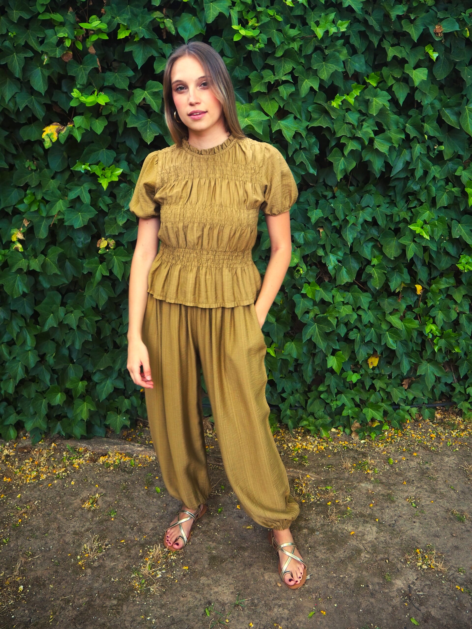 Blusa nido de abeja elástico de manga corta - Imagen 4