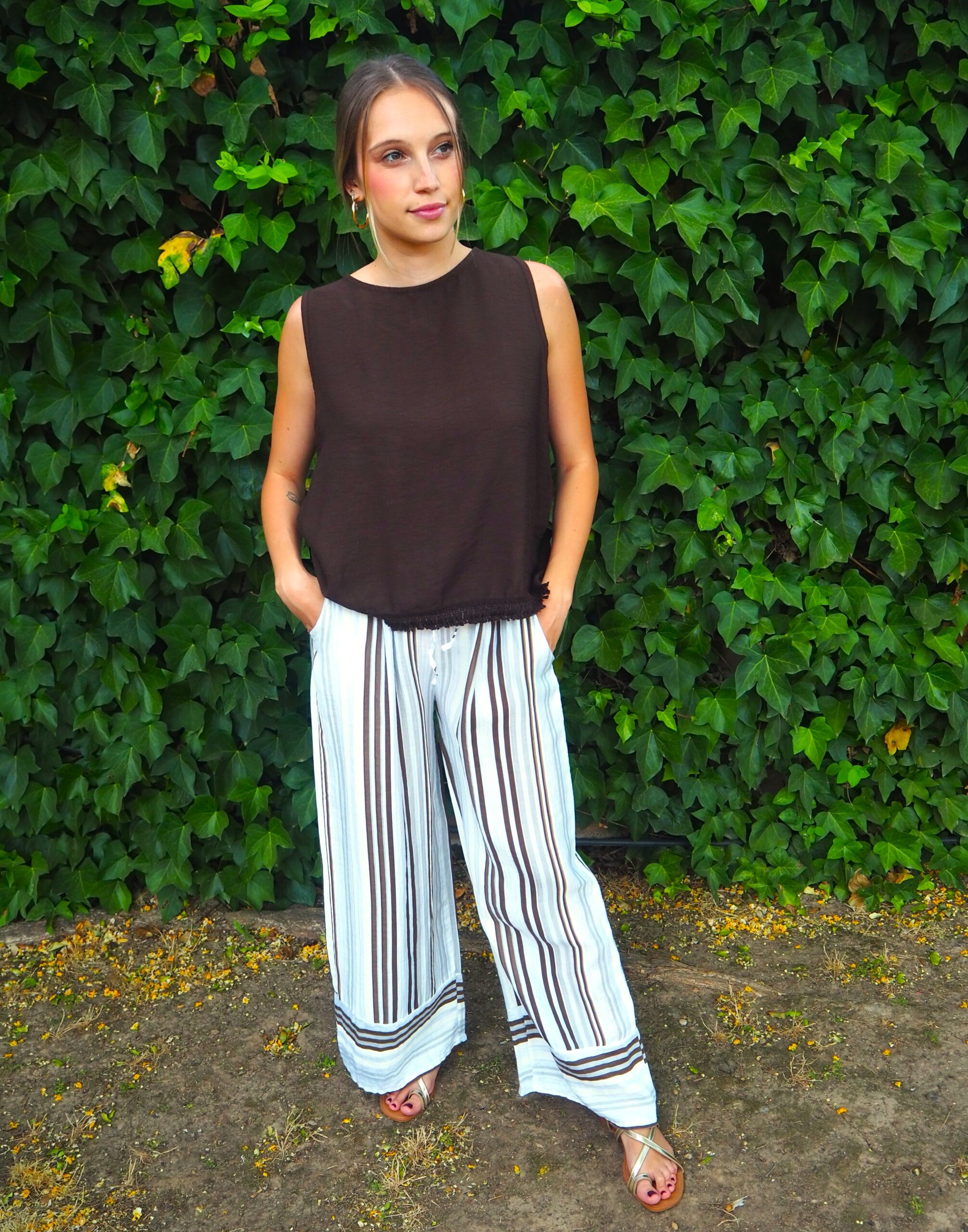Pantalón largo de rayas de tiro alto con cinturilla elástica blanco - Imagen 3