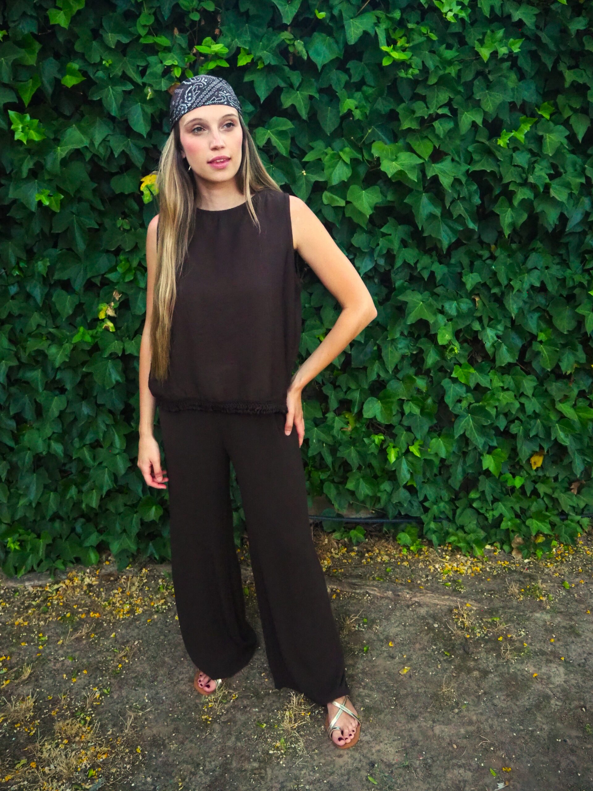 Pantalón largo de bambula con pañuelo marrón