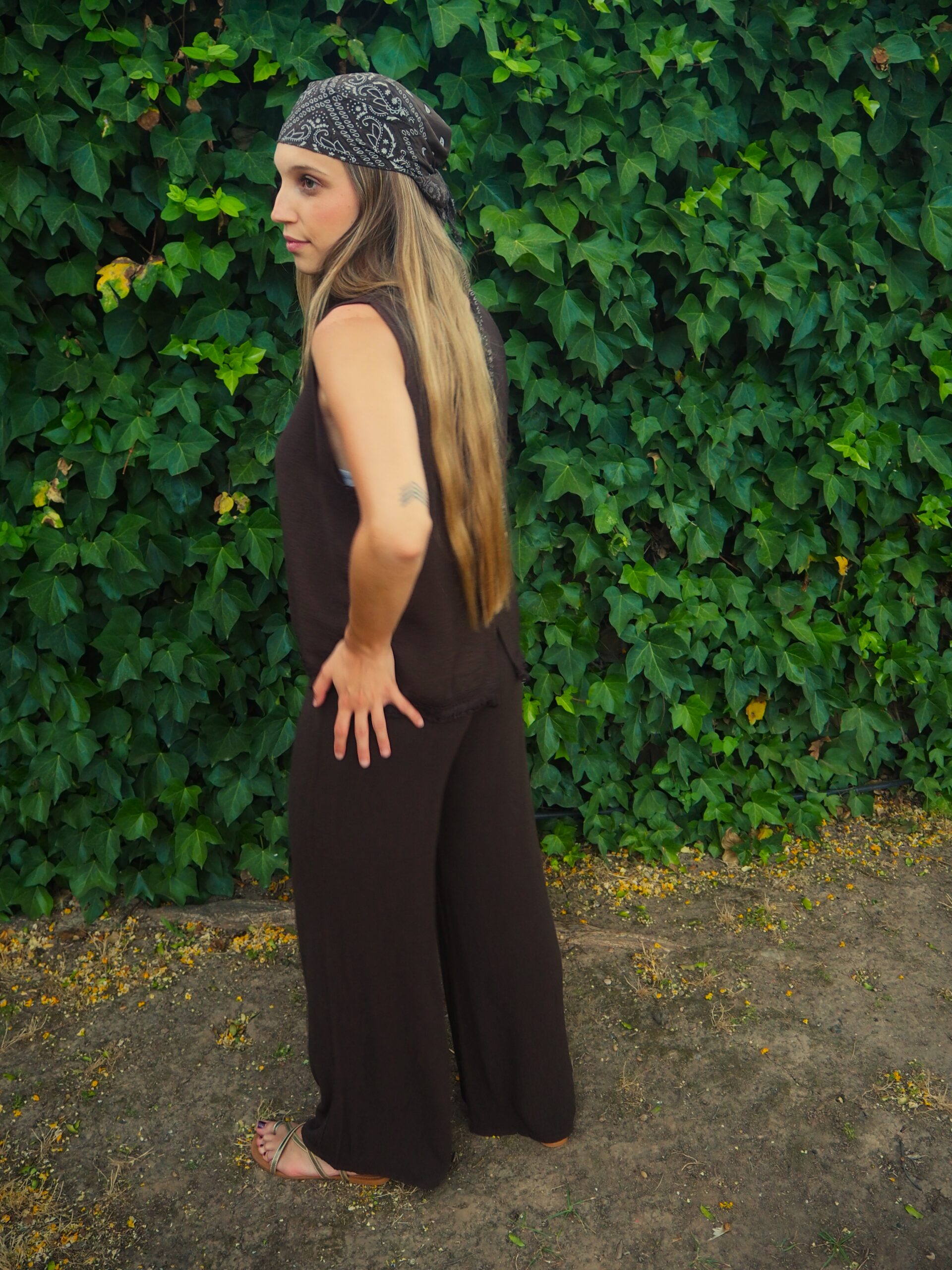 Pantalón largo de bambula con pañuelo marrón - Imagen 2