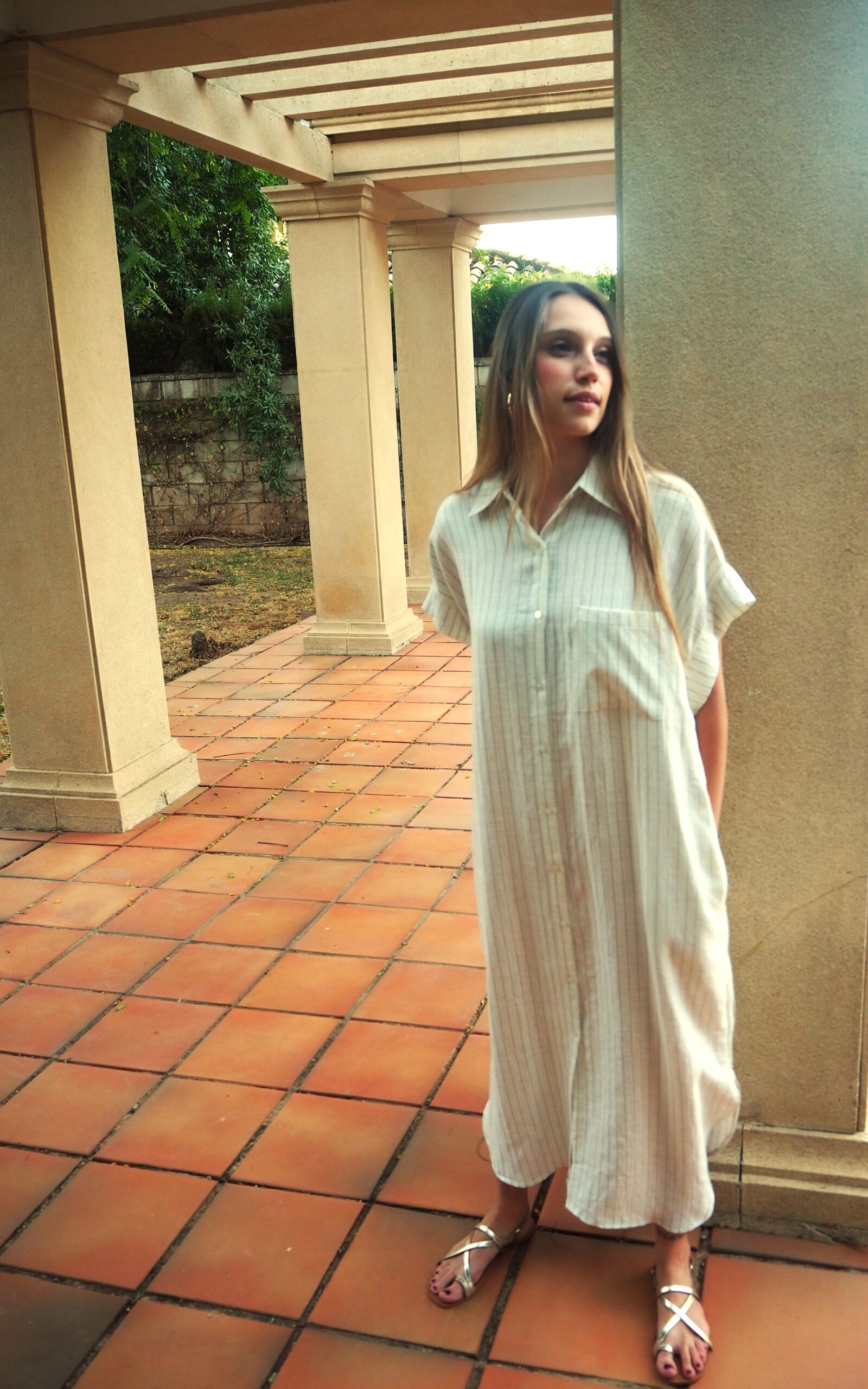 Vestido largo camisero de raya diplomática de lino - Imagen 3