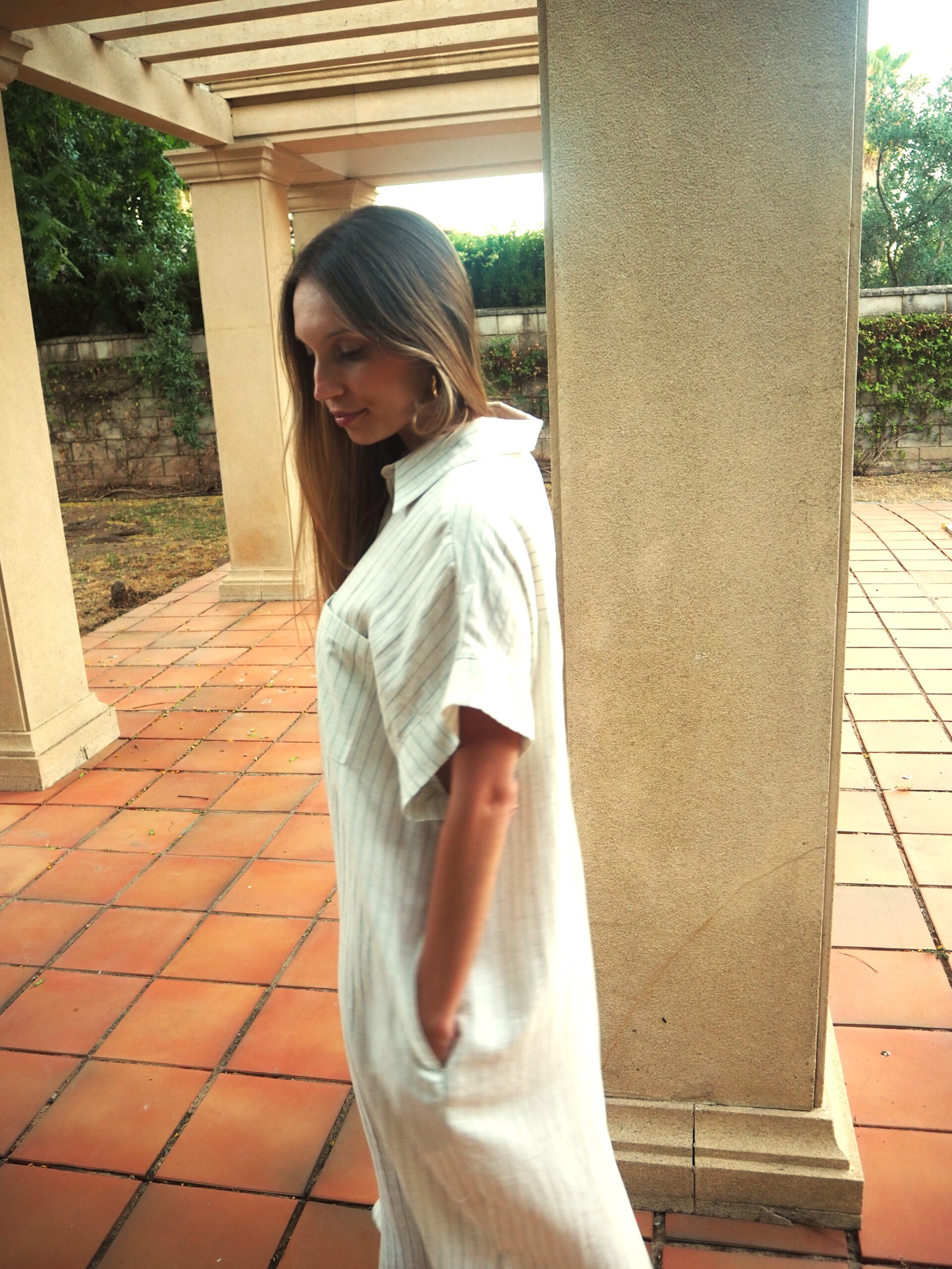 Vestido largo camisero de raya diplomática de lino - Imagen 2