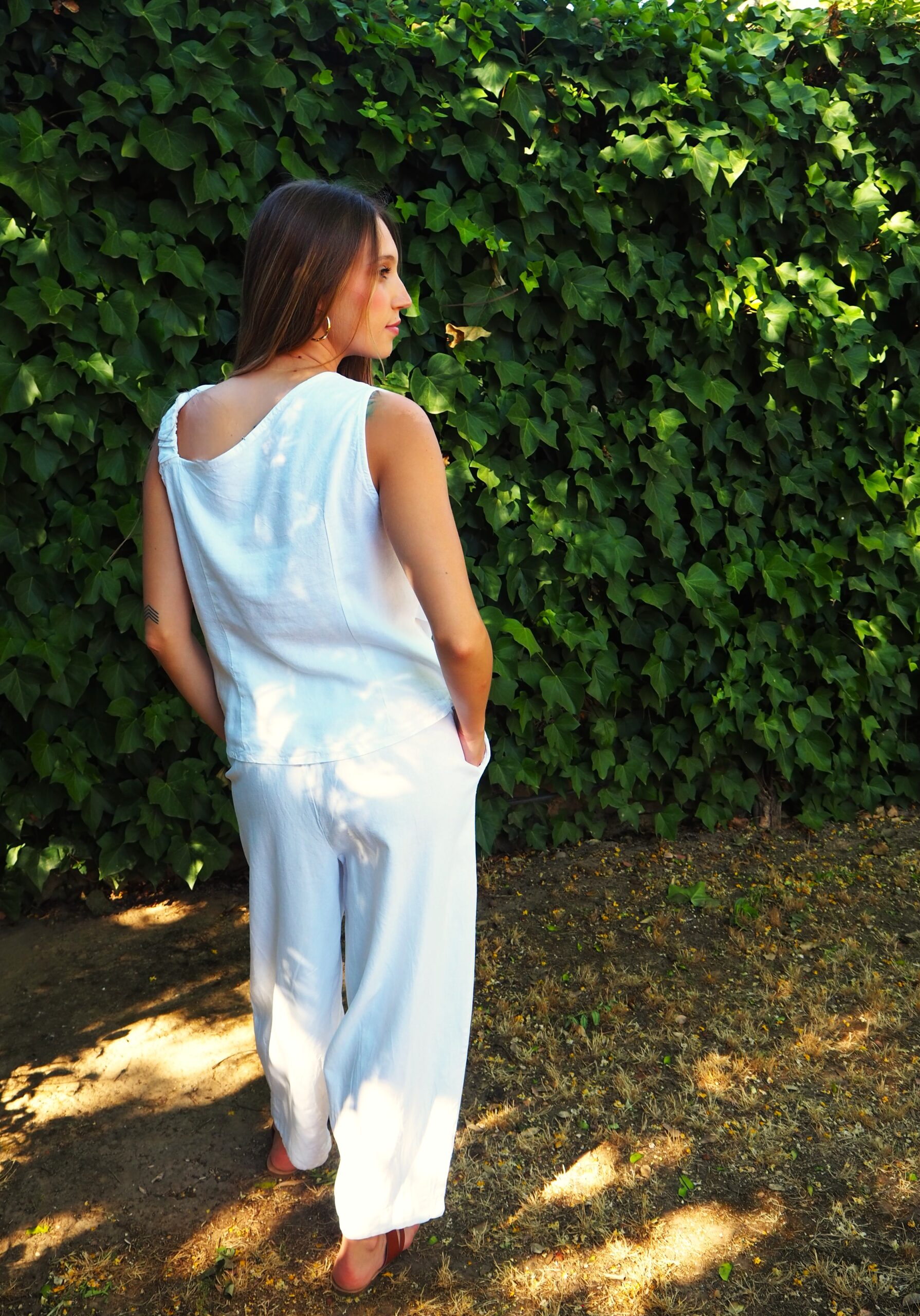 Pantalón de lino baggy con cintura elástica blanco - Imagen 2