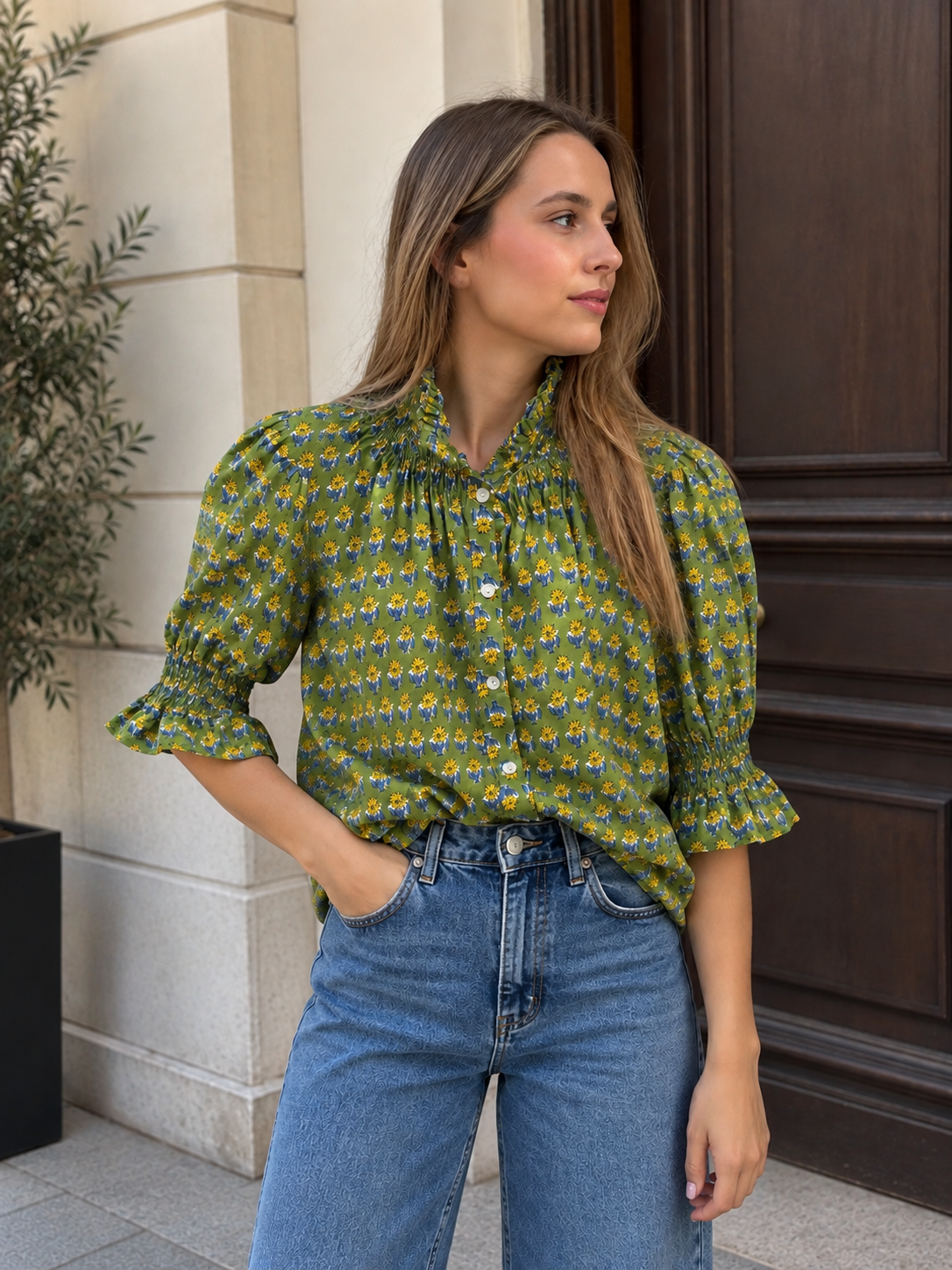 Blusa algodón estampado indio manga corta abullonada verde